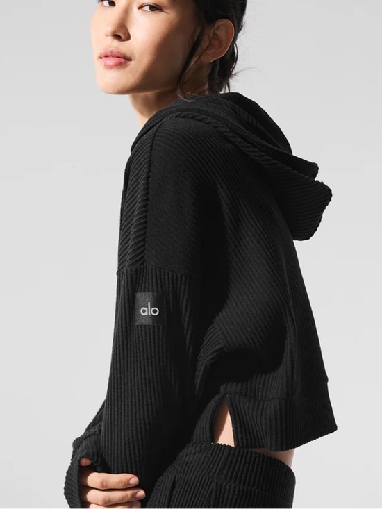 ALO Yoga Tops - ALO | Muse Cropped Ribbed Hoodie in Black | S